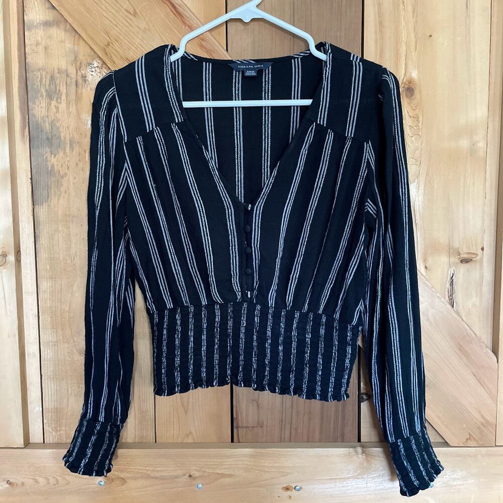 American Eagle Black and White Striped Smocked Long Sleeve Crop Top Size S